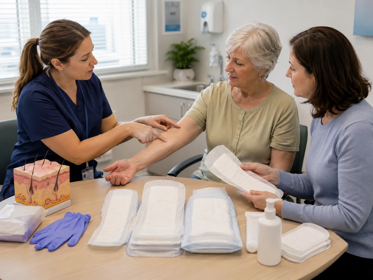 Nurse discussing skin protection during consultation