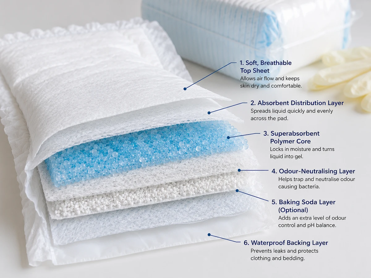 Labeled layers of an adult incontinence pad