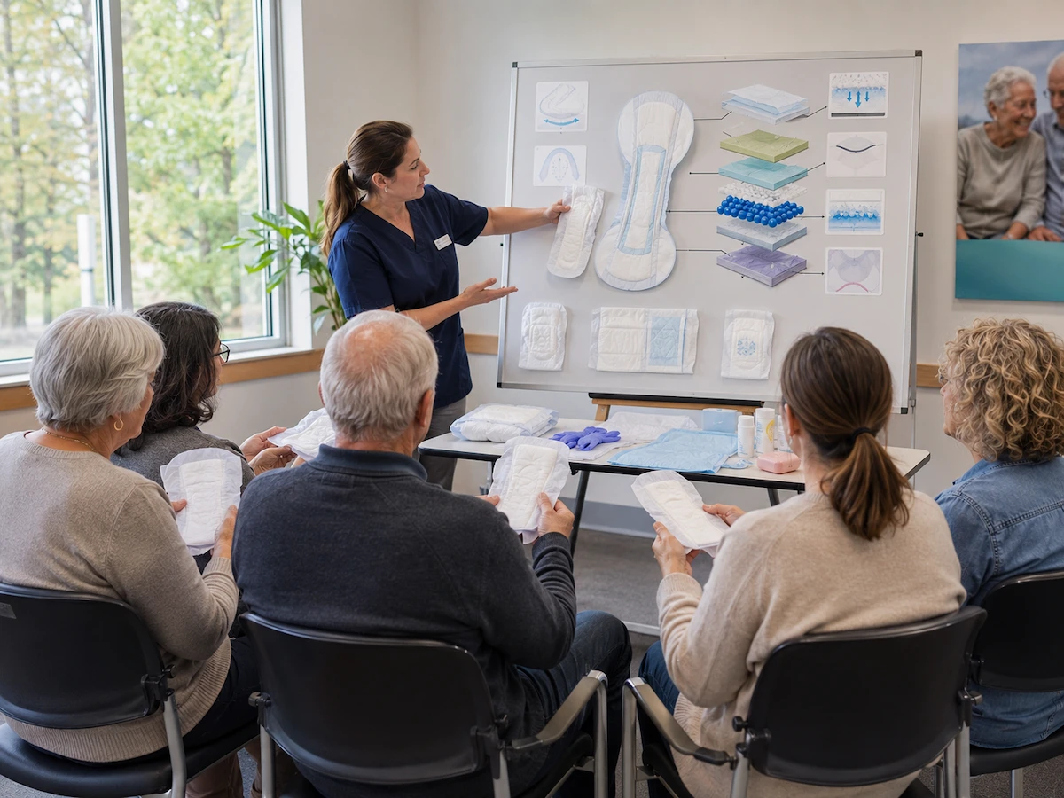 Continence workshop demonstrating incontinence pad features