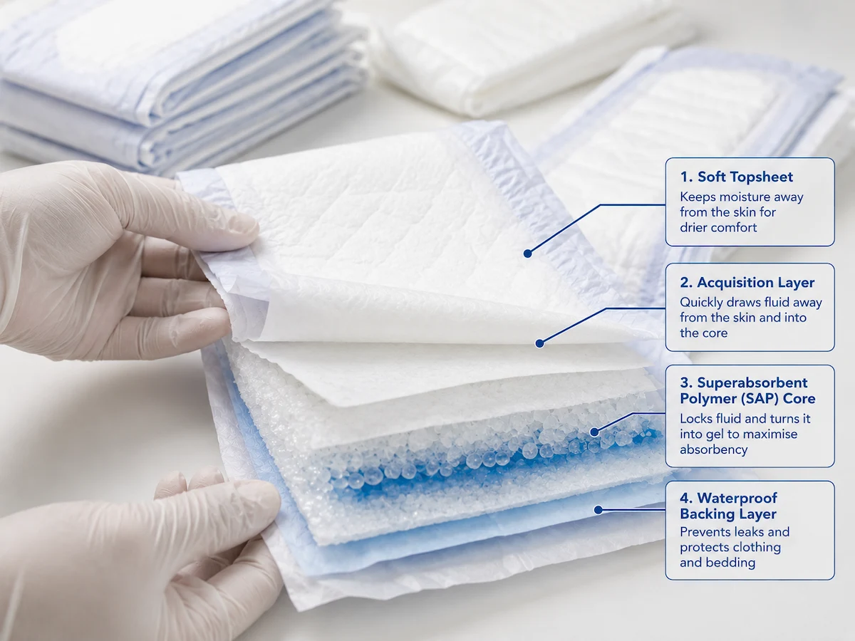 Labeled layers of adult incontinence pad